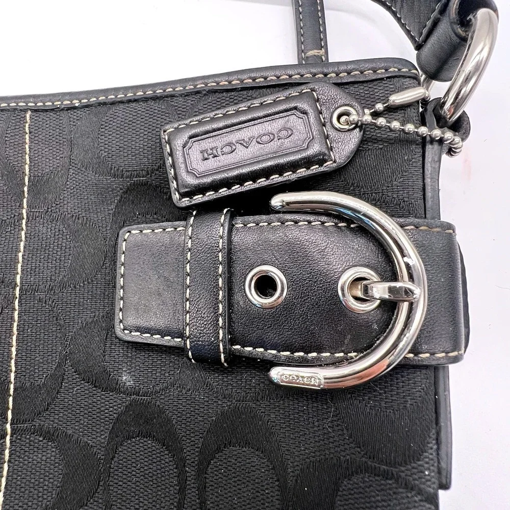 Coach Signature Jacquard Black Fabric‎ With Leather Shoulder Bag Hobo J05M-3577